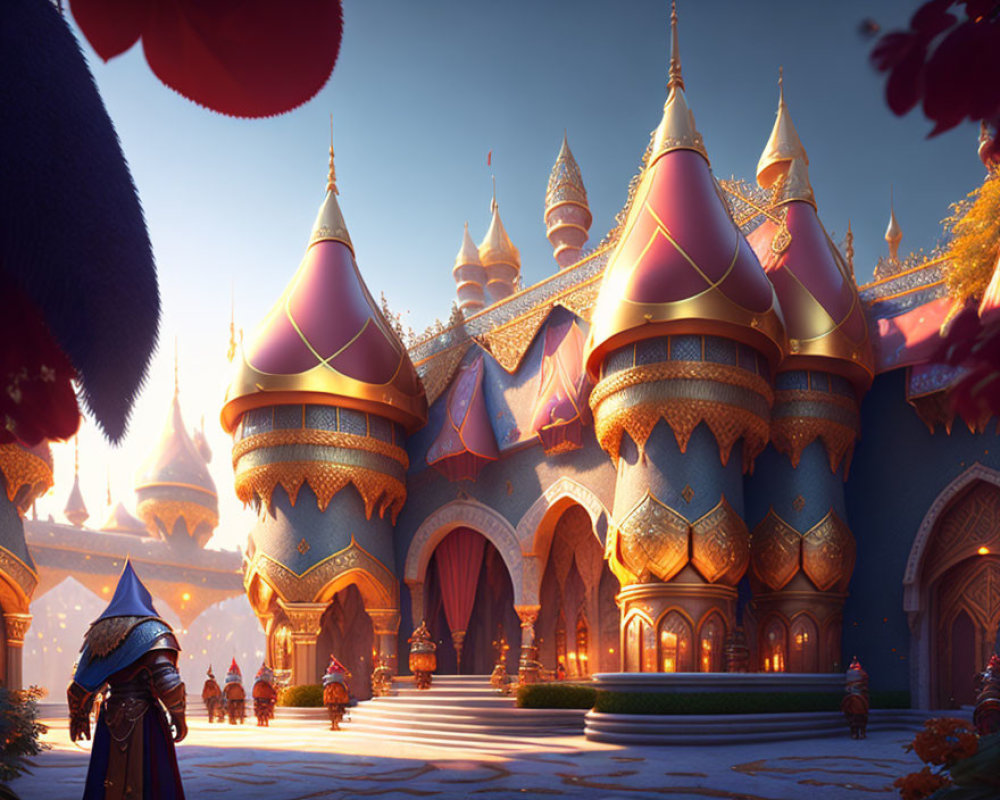 Fantasy castle digital artwork with colorful spires and guard figures