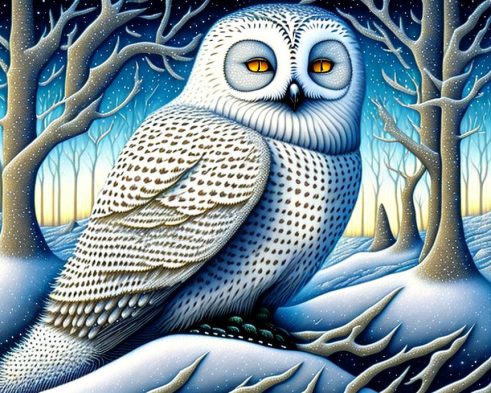 Large White Owl with Orange Eyes in Snowy Forest Night Scene