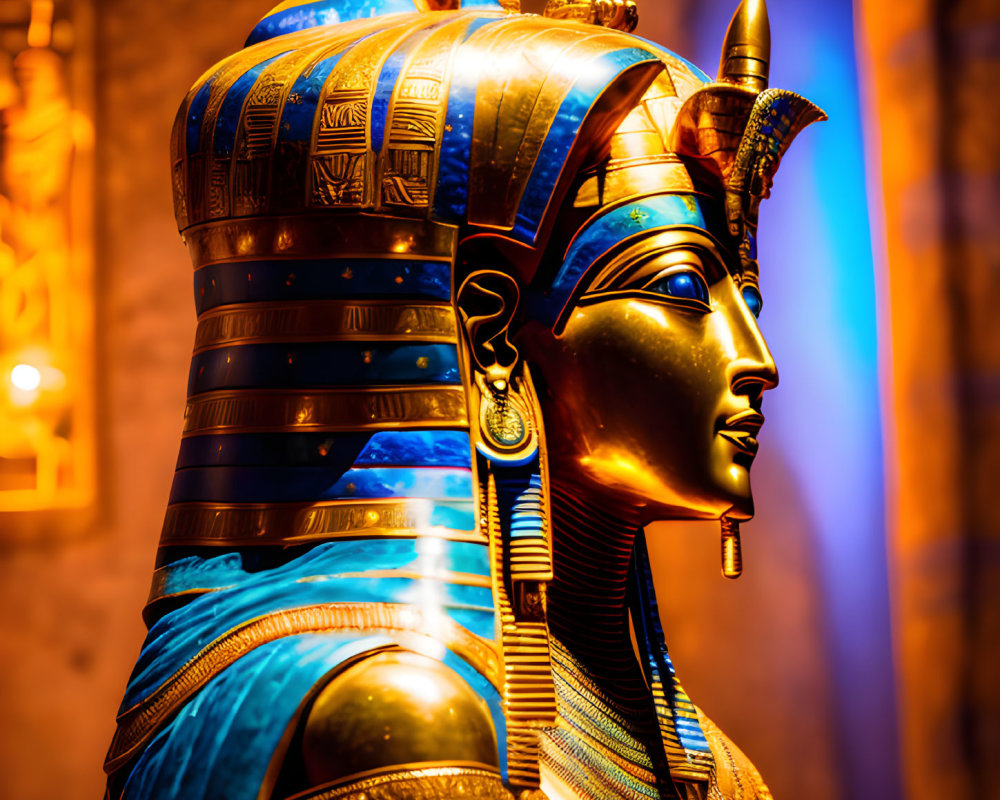 Golden Egyptian Pharaoh Statue with Elaborate Headgear and Hieroglyphics