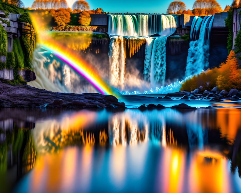 Colorful waterfall scene with rainbow, autumn foliage, and reflection.