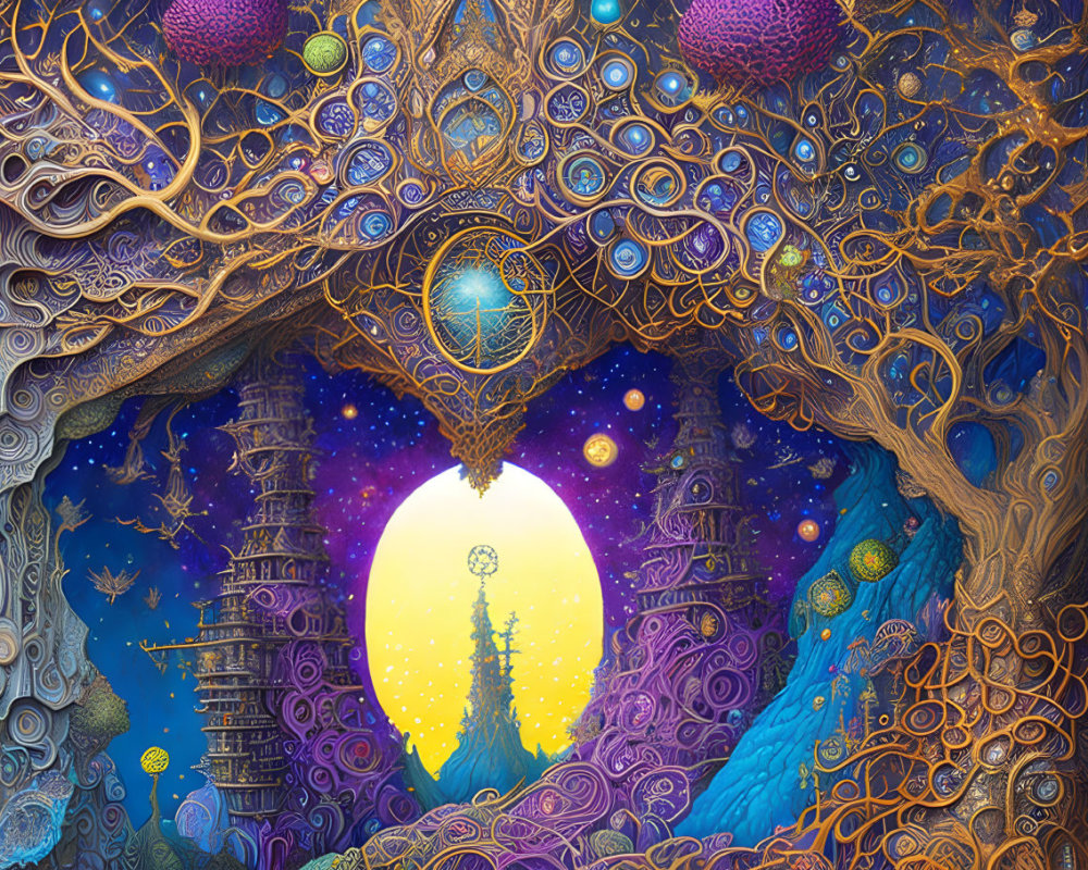 Fantasy landscape with colorful trees, celestial orbs, and mystical towers.