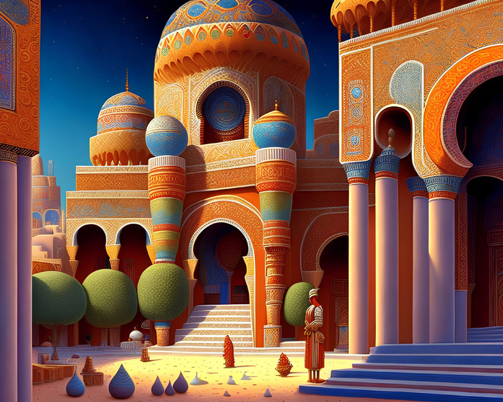 Detailed digital artwork: Fantastical Middle Eastern palace with domes, arches, person.