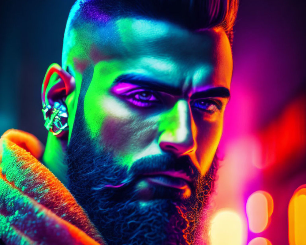 Sculpted beard man under vibrant purple and blue neon lights