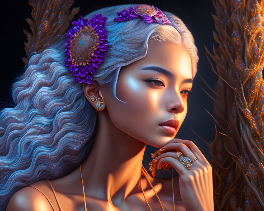 Silver-haired woman with purple flowers and golden jewelry in contemplative pose amidst golden light and textures.
