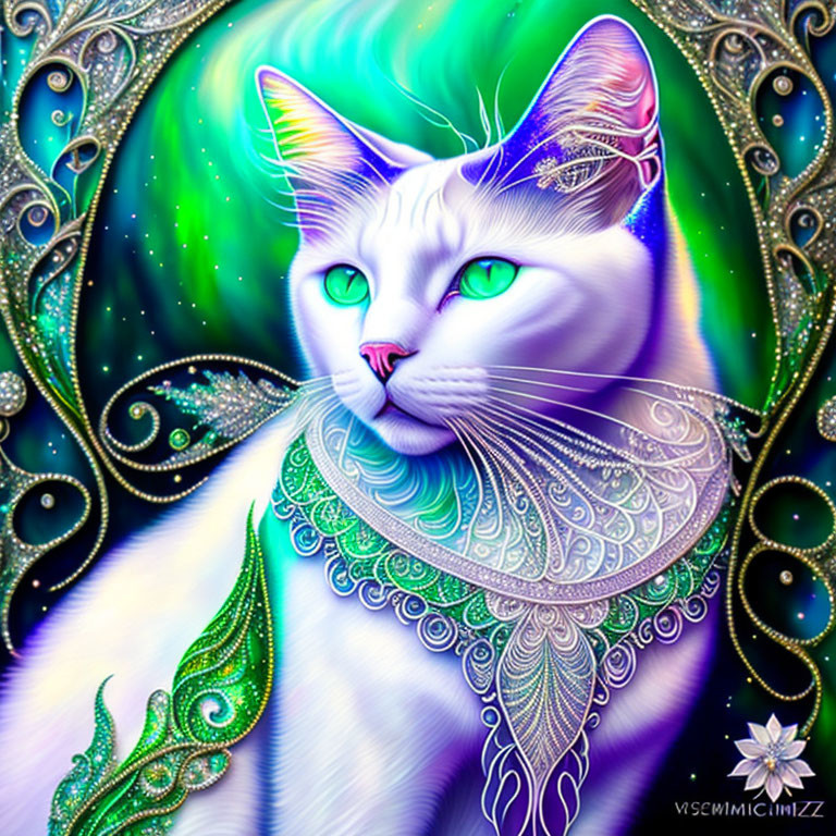 White Cat Digital Artwork with Blue-Green Eyes and Swirling Patterns