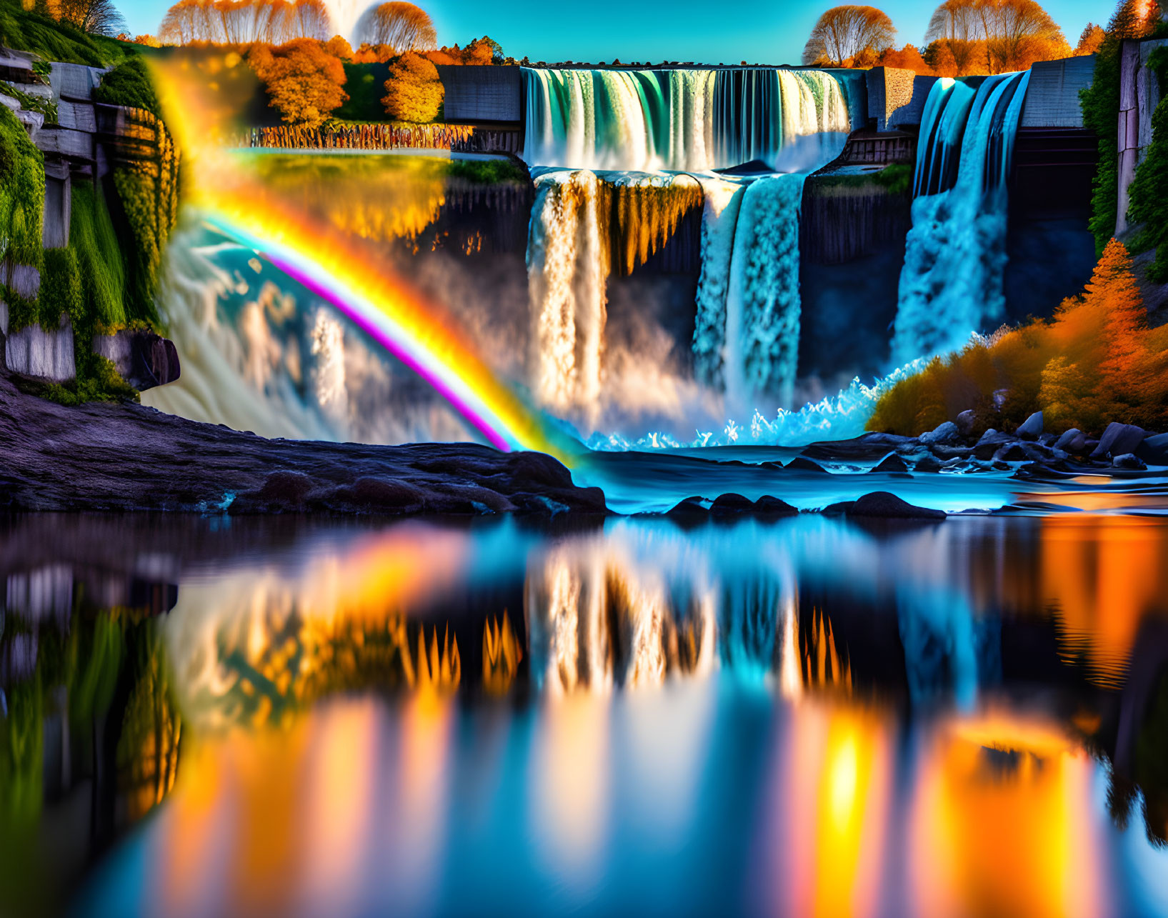 Colorful waterfall scene with rainbow, autumn foliage, and reflection.