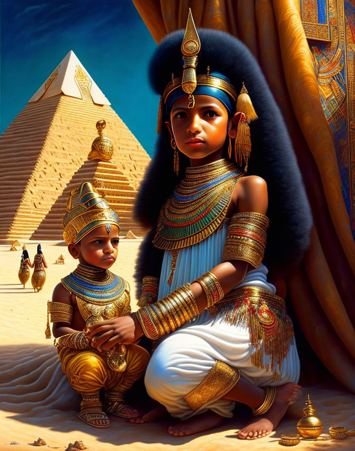 Ancient Egyptian royalty figures with Great Pyramid and Sphinx in background