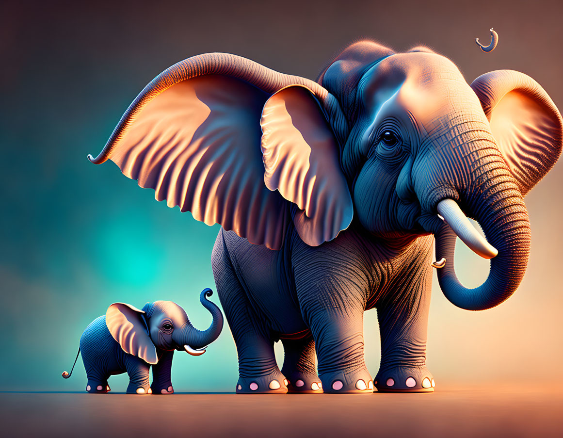 Stylized digital image: Adult elephant and calf in playful charm