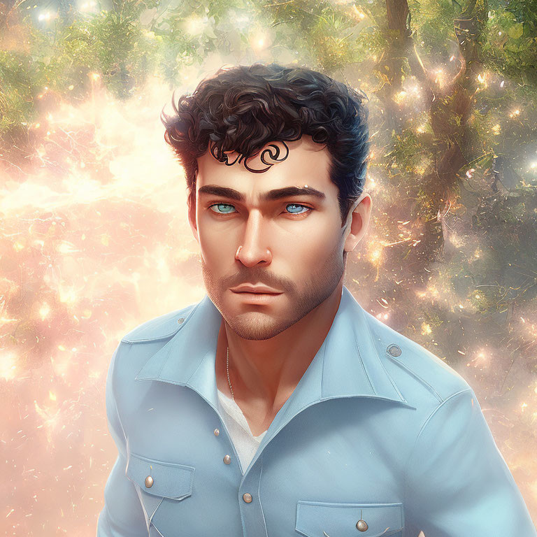 Man with Curly Hair and Blue Eyes in Mystical Forest Setting