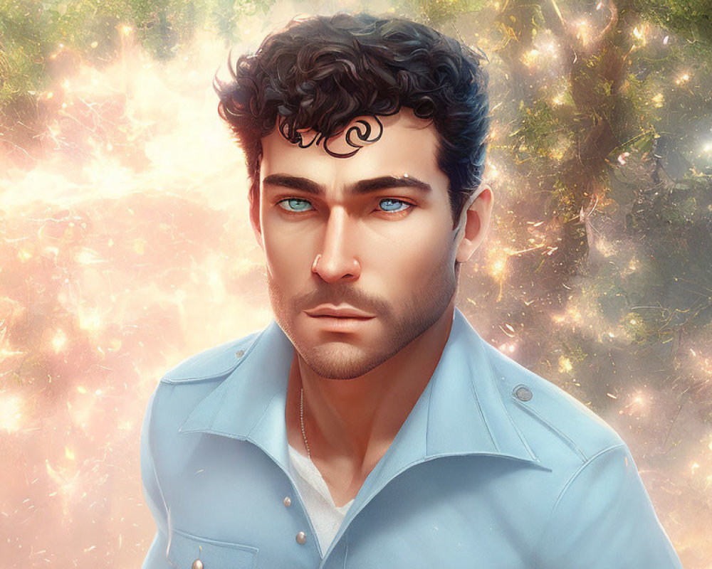 Man with Curly Hair and Blue Eyes in Mystical Forest Setting