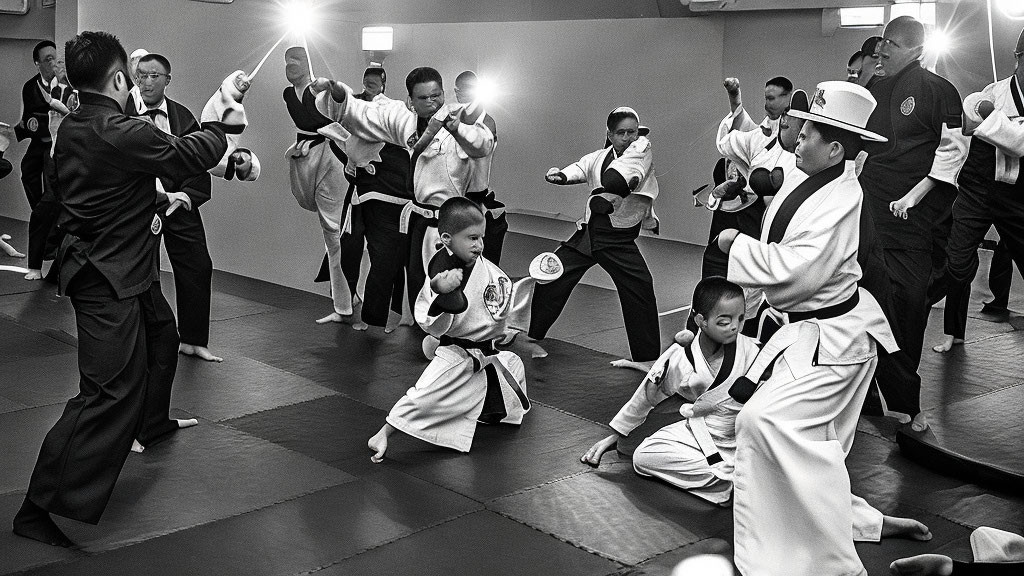 Dynamic Martial Arts Class with Students of Various Ages Practicing Kicks and Stances