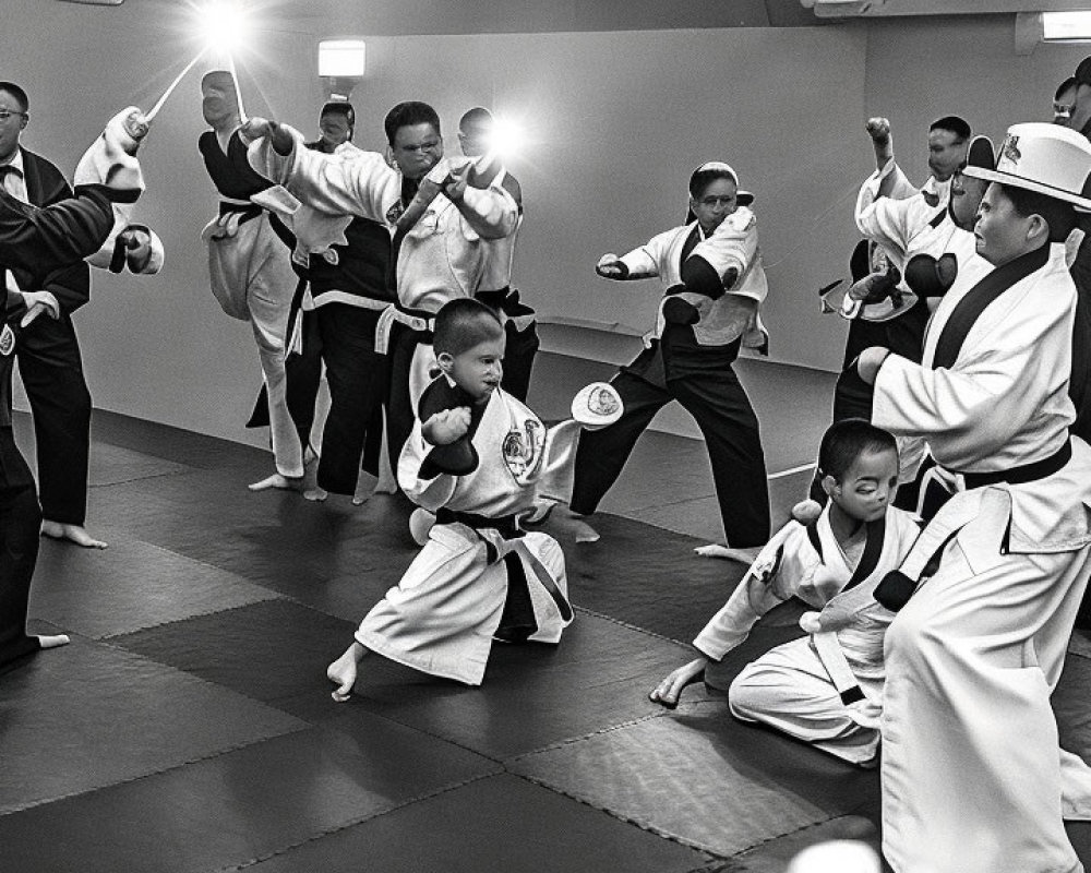 Dynamic Martial Arts Class with Students of Various Ages Practicing Kicks and Stances