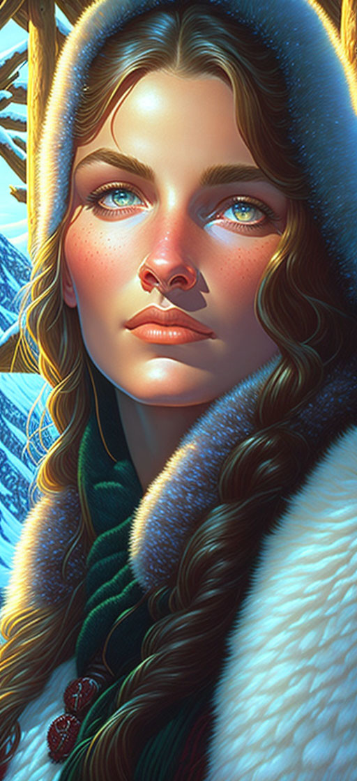 Digital portrait of woman with blue eyes and wavy hair in fur-trimmed cloak, wintry