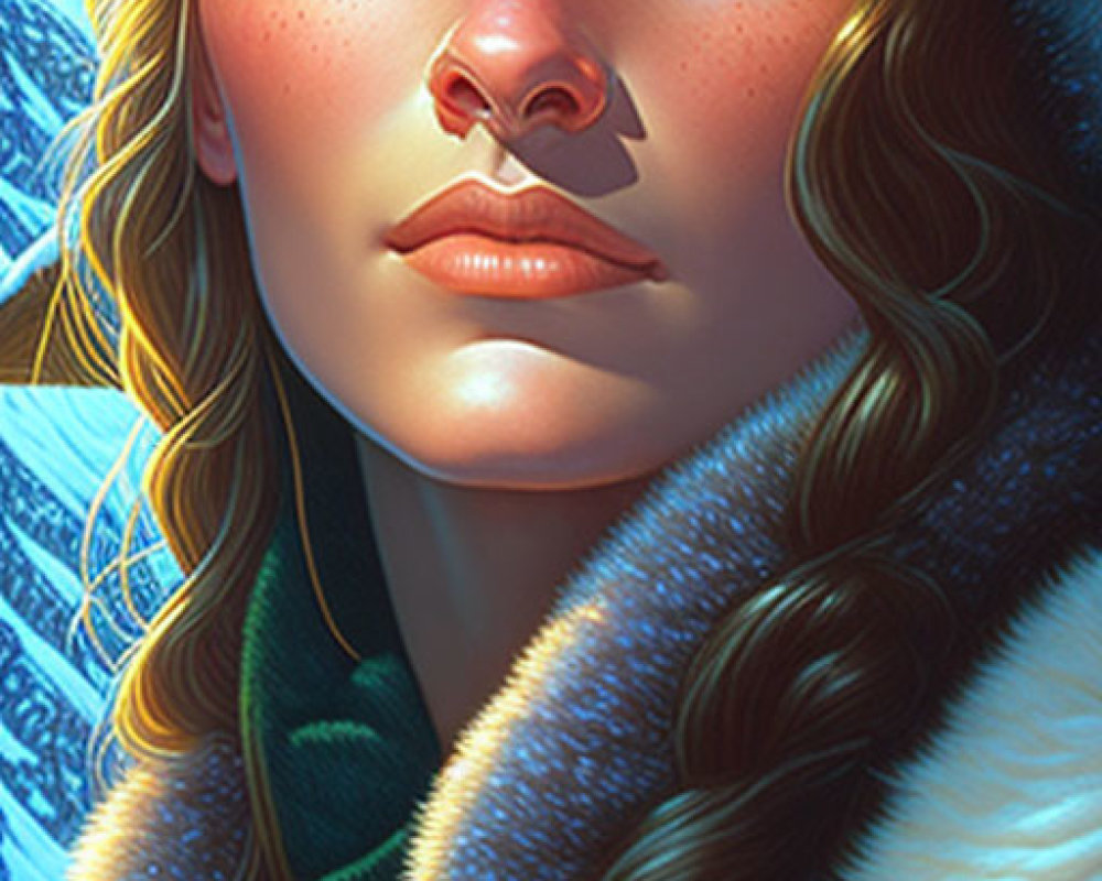 Digital portrait of woman with blue eyes and wavy hair in fur-trimmed cloak, wintry