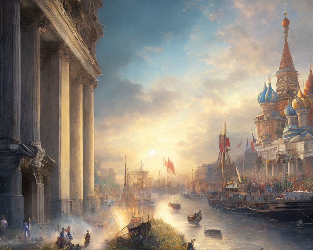 Historical waterfront scene with people, boats, and European-style buildings in golden sunlight