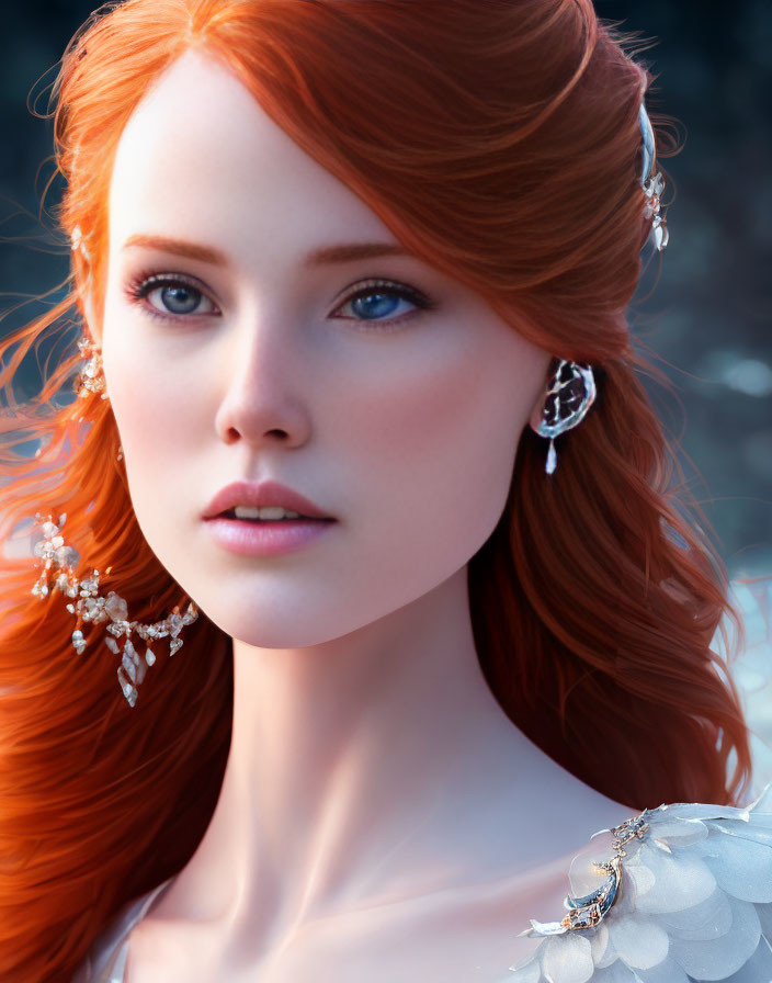 Portrait of woman with red hair, fair skin, blue eyes, elegant earrings, and feather shoulder piece