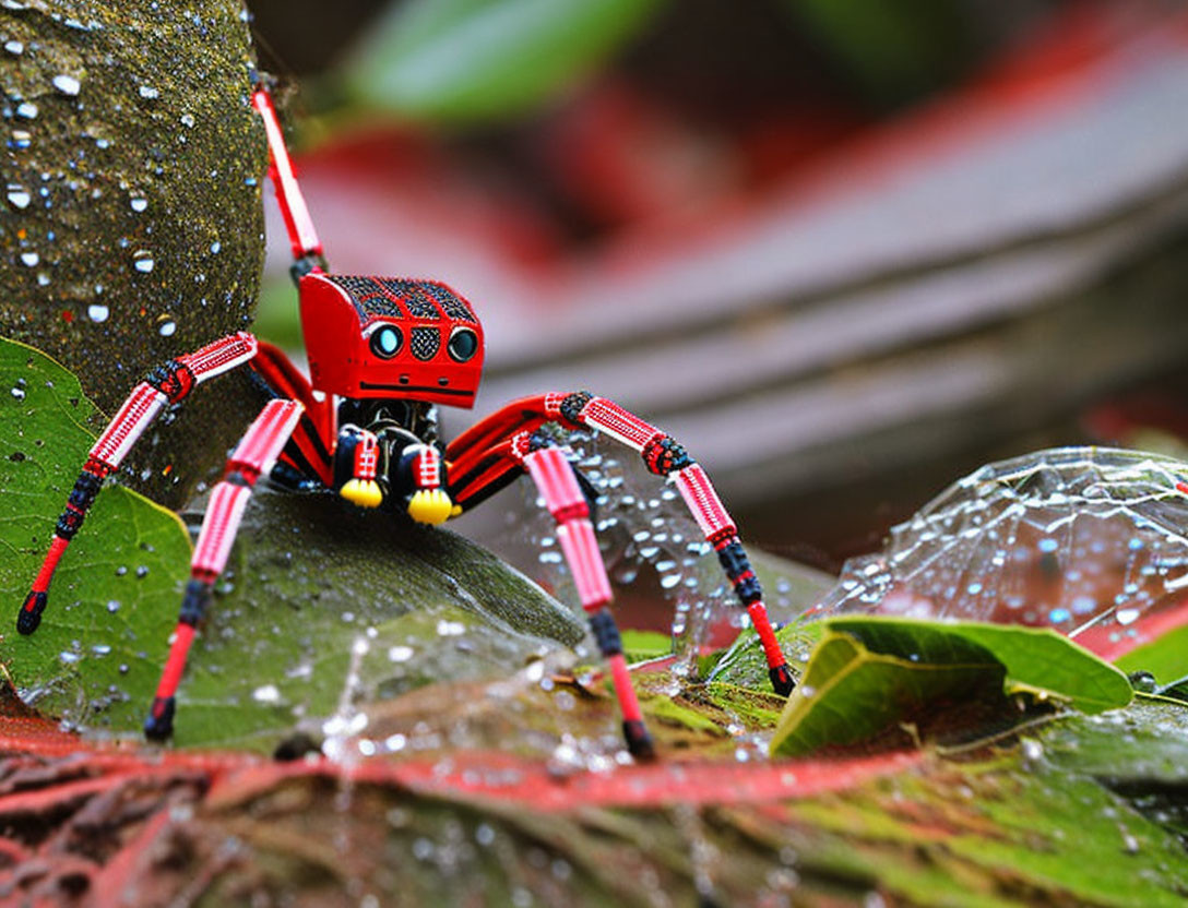 Red robotic spider with black and yellow details on green leaf with water droplets.