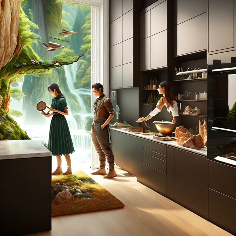 Three Individuals Cooking in Modern Kitchen with Forest Mural