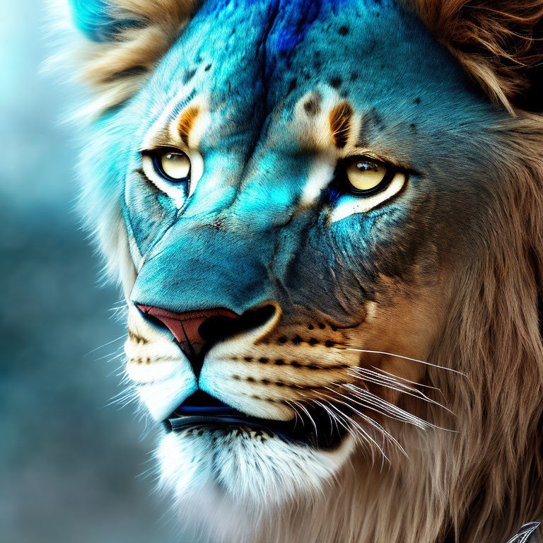 Digitally altered lion image with blue and black mane and intense yellow eyes