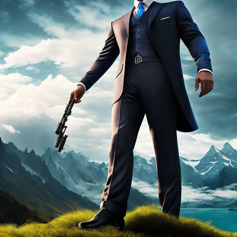 Confident man in blue suit with gun against mountain backdrop