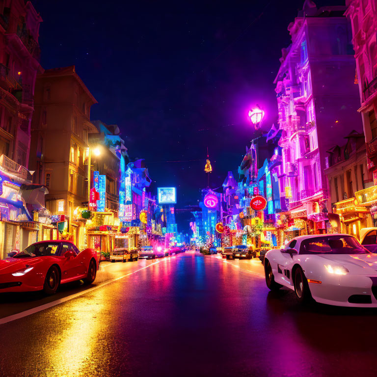 City street night scene with red and white sports cars among illuminated buildings and neon signs