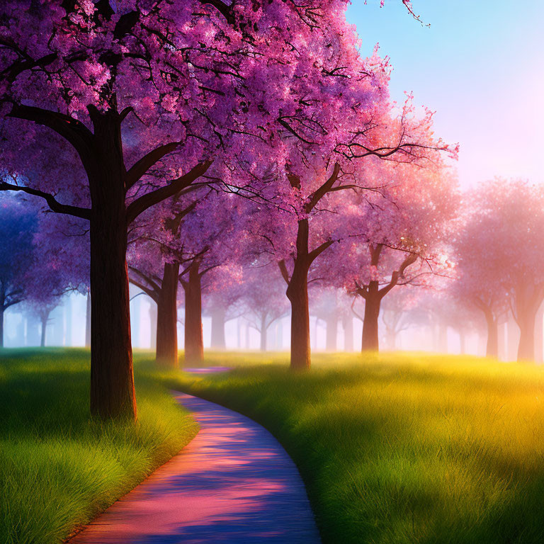 Tranquil park with winding path, green grass, and pink cherry blossom trees