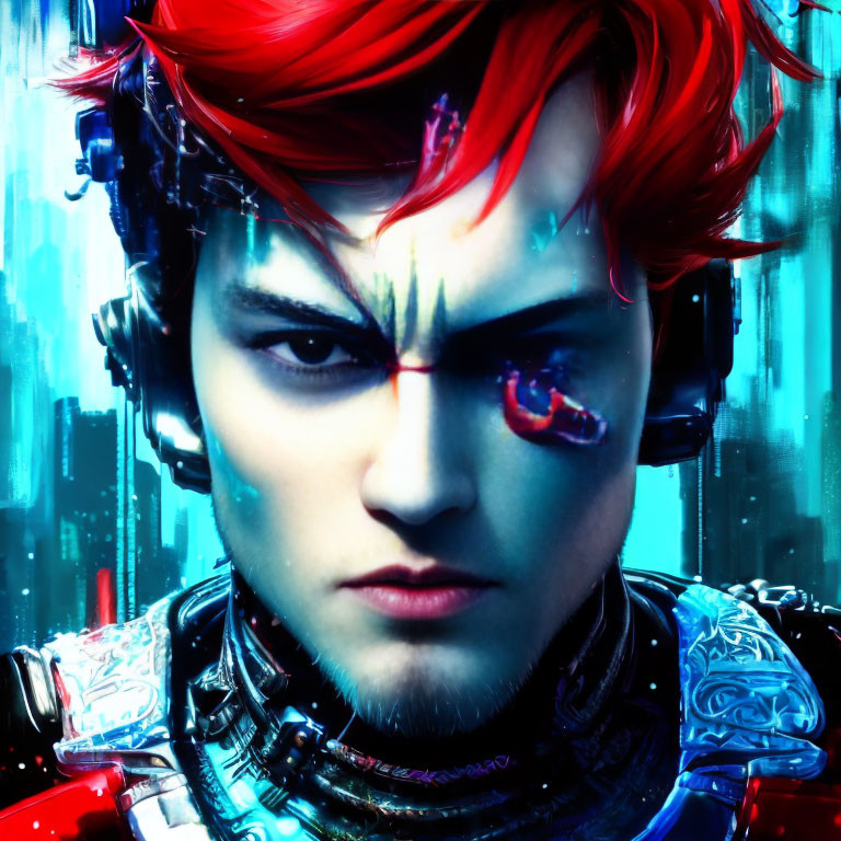 Digital artwork: Red-haired person with futuristic headset and intense gaze on blue backdrop