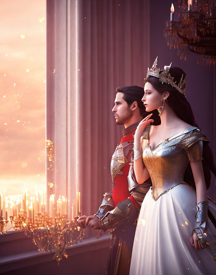 Royal couple in crown and armor by candlelight at sunset