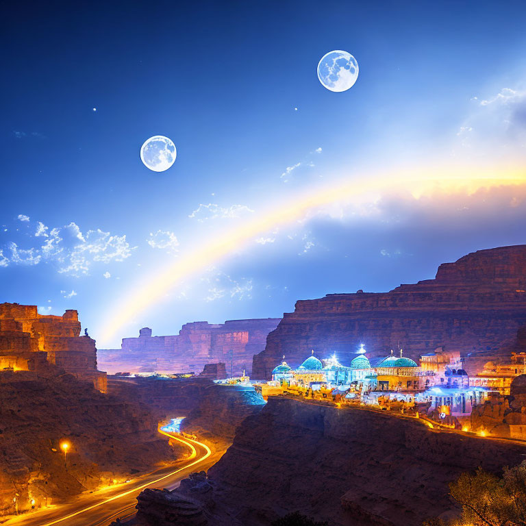 Double moons illuminate vibrant town nestled in canyon with rainbow overhead