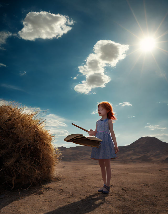 Red-haired girl reading book in desert landscape with sunny sky and tumbleweed