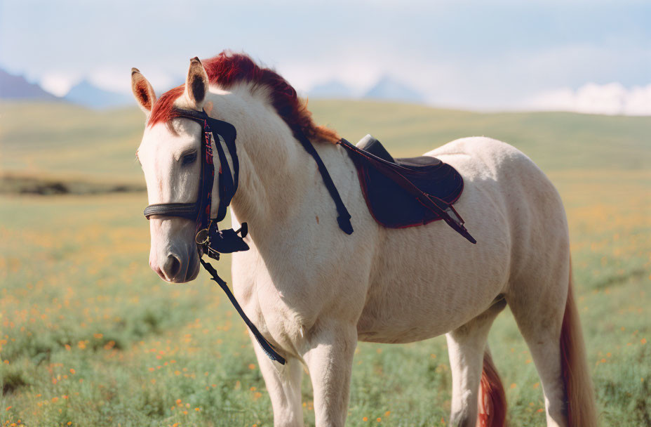 White Horse with Chestnut Mane in Sunny Meadow with Mountains