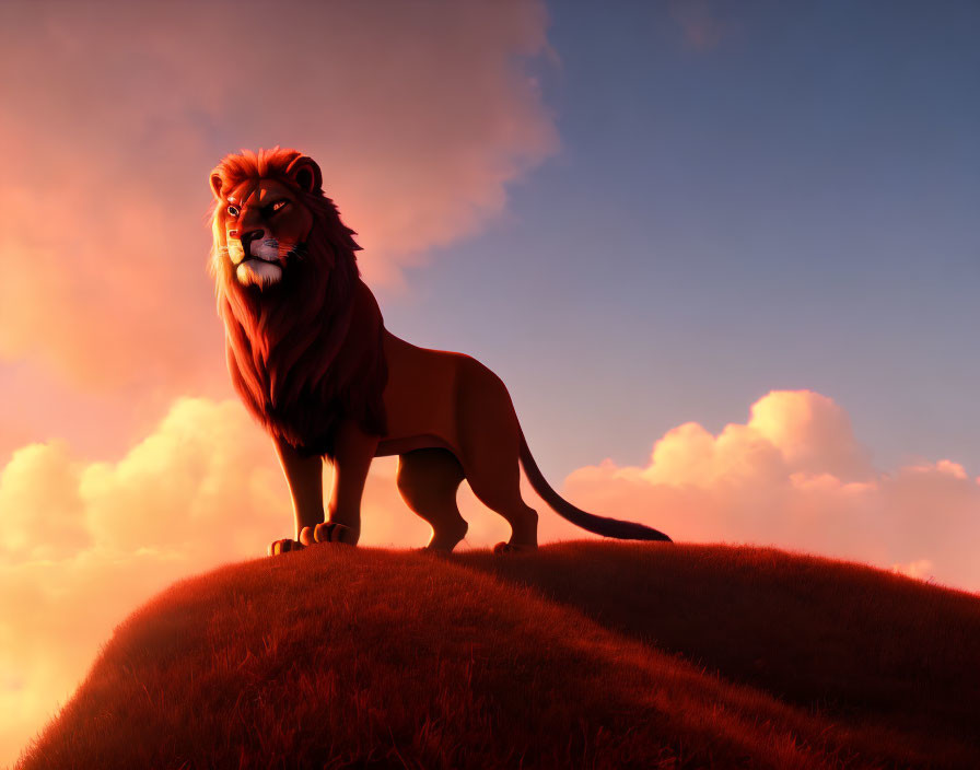 Majestic animated lion on grassy hill under dramatic sky