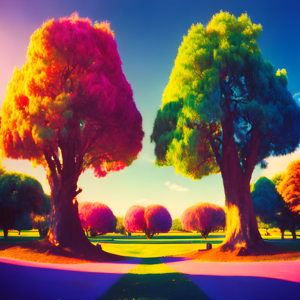 Colorful surreal landscape with psychedelic trees and radiant blue sky