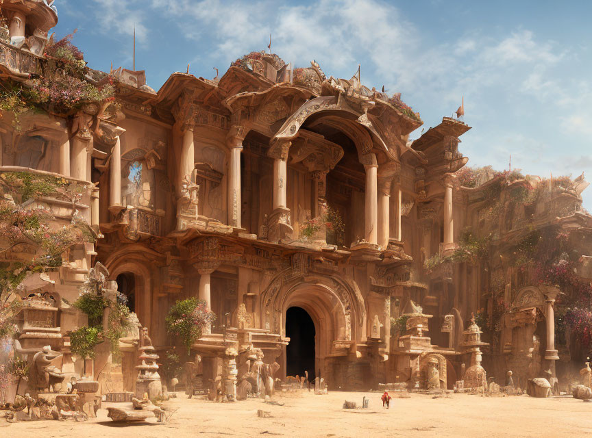 Ancient building ruins with arched entrance, greenery, statues, and people under blue sky