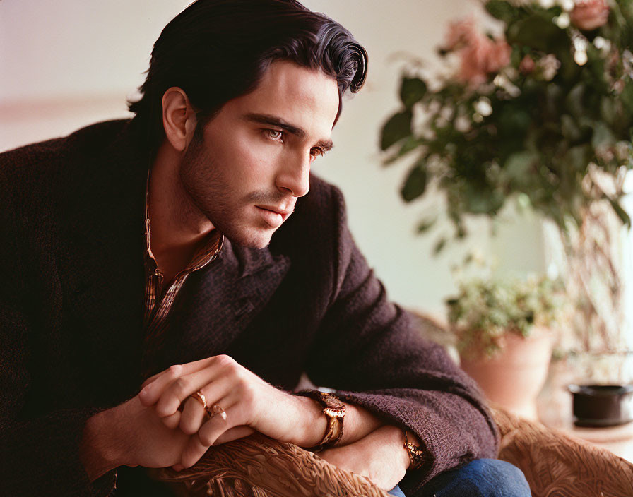 Dark-haired man in brown shirt gazes thoughtfully indoors