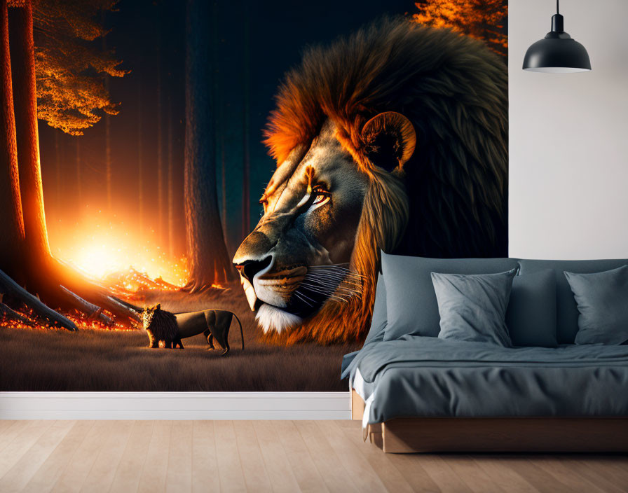 Majestic lion mural in fiery savanna above gray bed