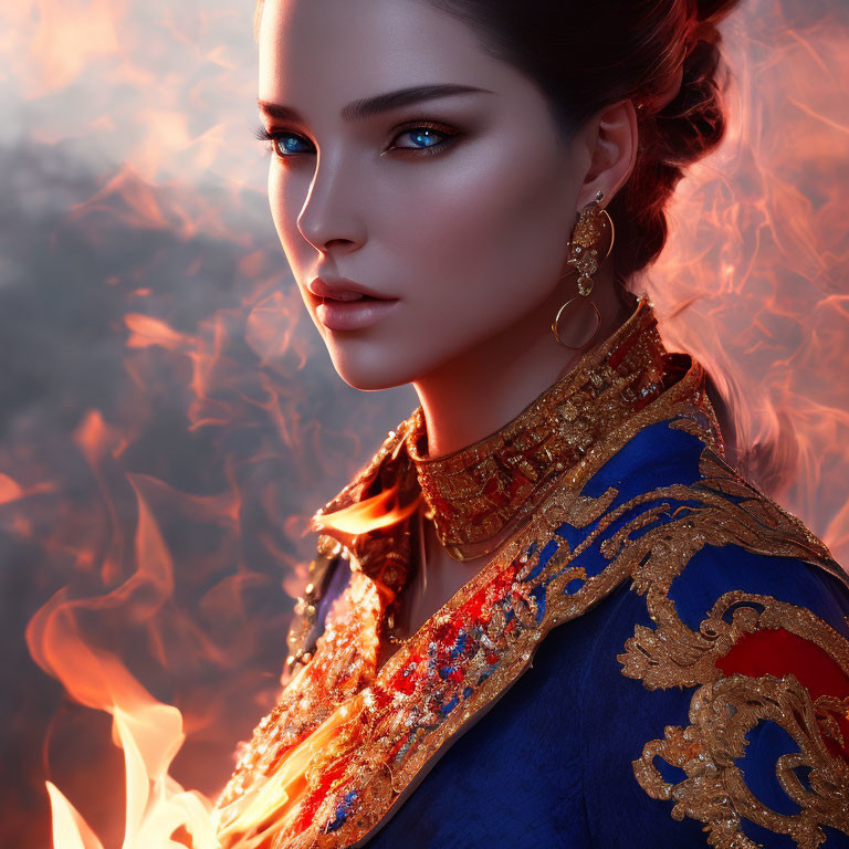 Woman with Blue Eyes in Fiery Garment on Flame Backdrop