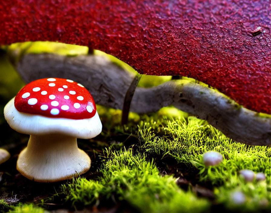 Vibrant red mushroom with white spots on green moss and bark background