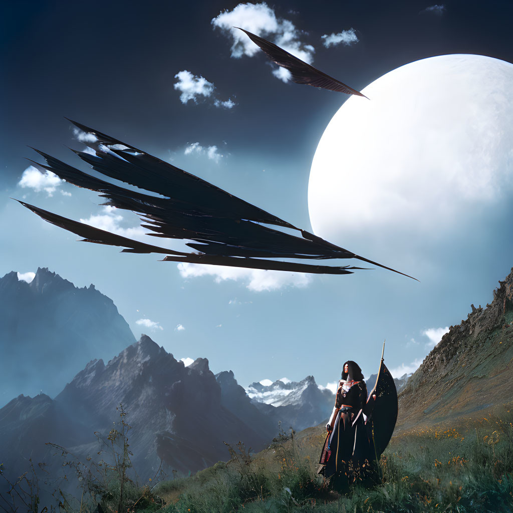 Warrior in mountain landscape under large moon with floating dark shards