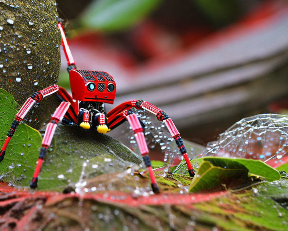 Red robotic spider with black and yellow details on green leaf with water droplets.