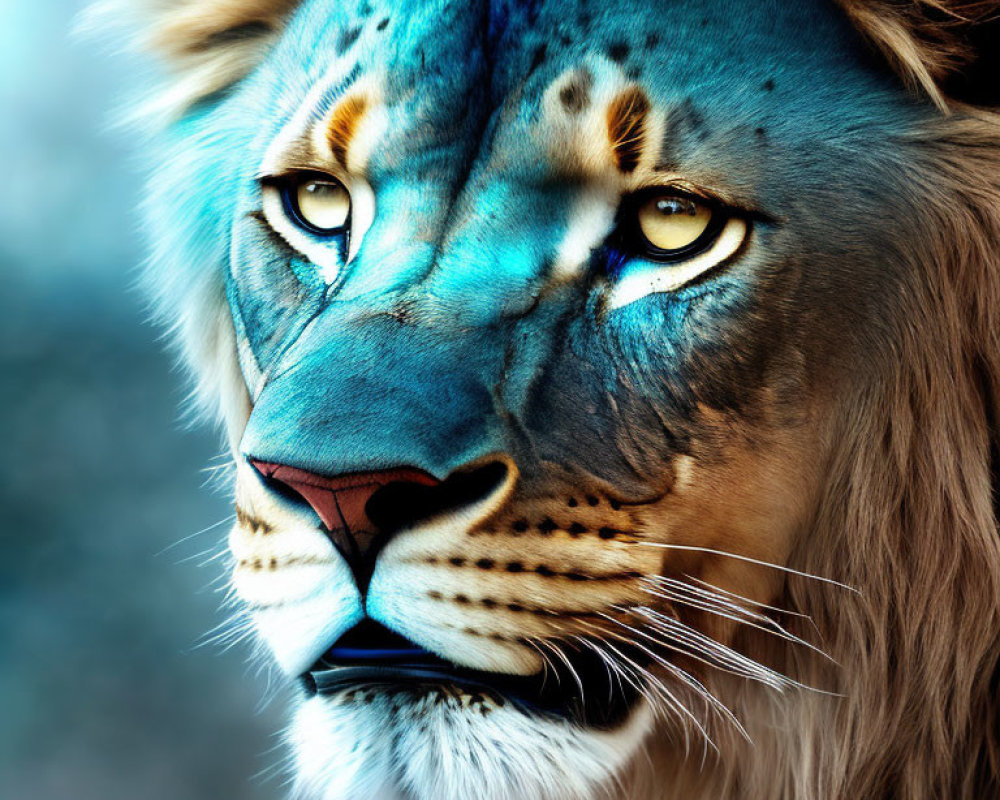 Digitally altered lion image with blue and black mane and intense yellow eyes