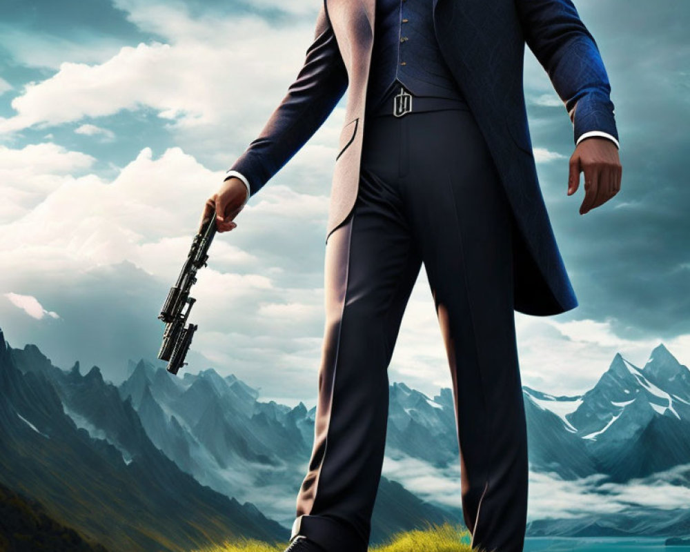 Confident man in blue suit with gun against mountain backdrop