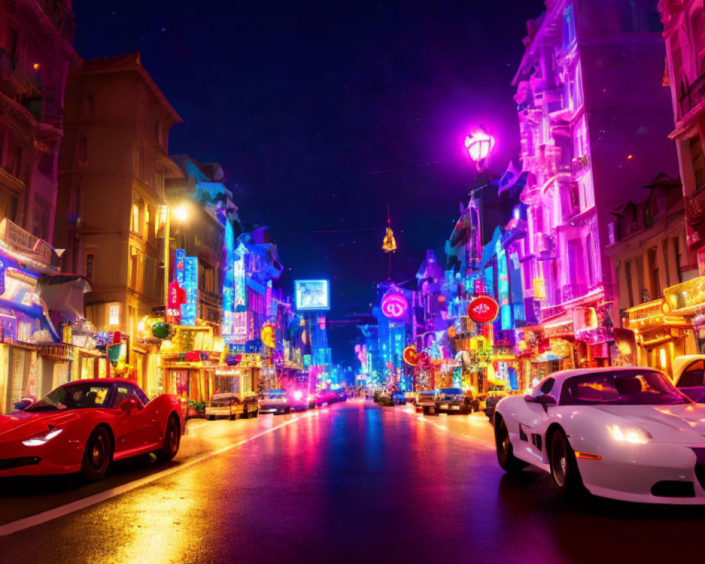 City street night scene with red and white sports cars among illuminated buildings and neon signs