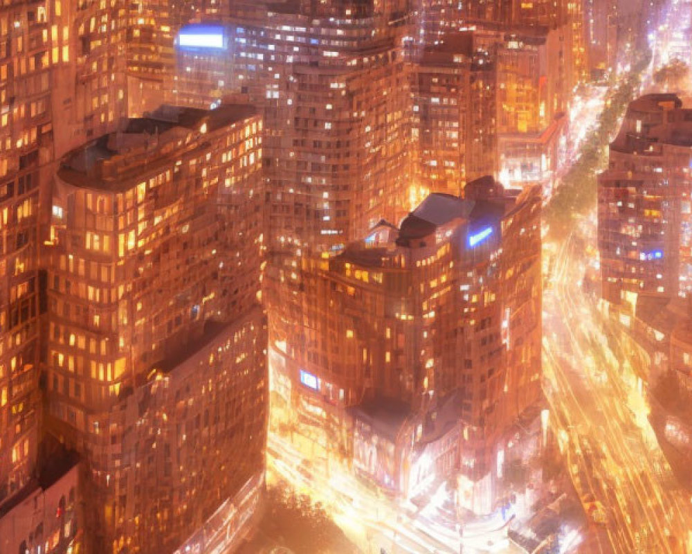 Nighttime aerial view of vibrant city lights and bustling traffic.