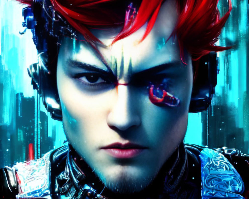 Digital artwork: Red-haired person with futuristic headset and intense gaze on blue backdrop