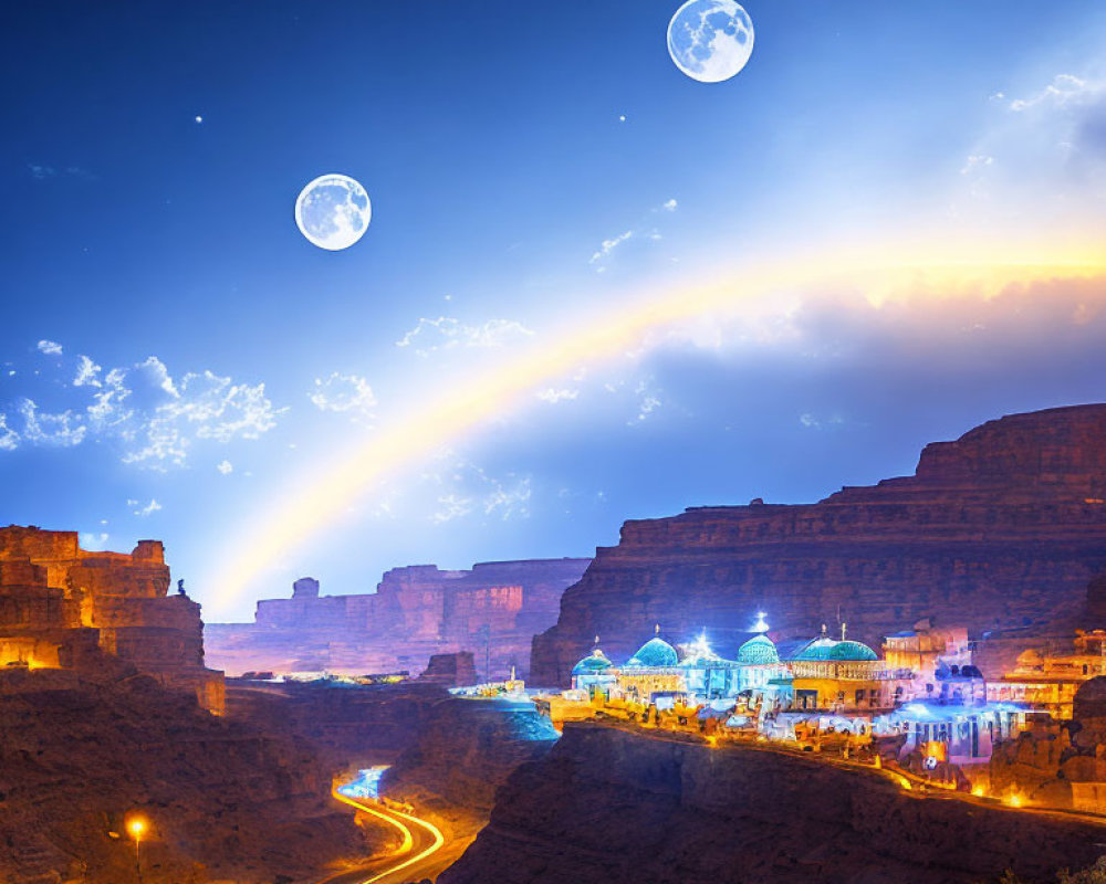 Double moons illuminate vibrant town nestled in canyon with rainbow overhead