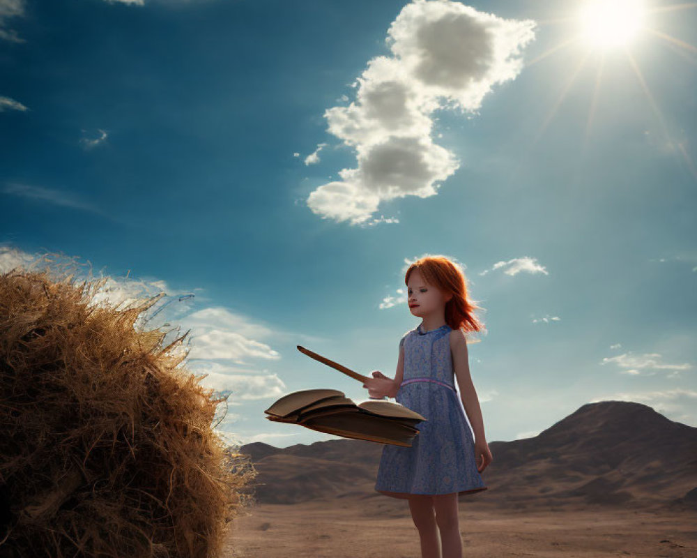 Red-haired girl reading book in desert landscape with sunny sky and tumbleweed