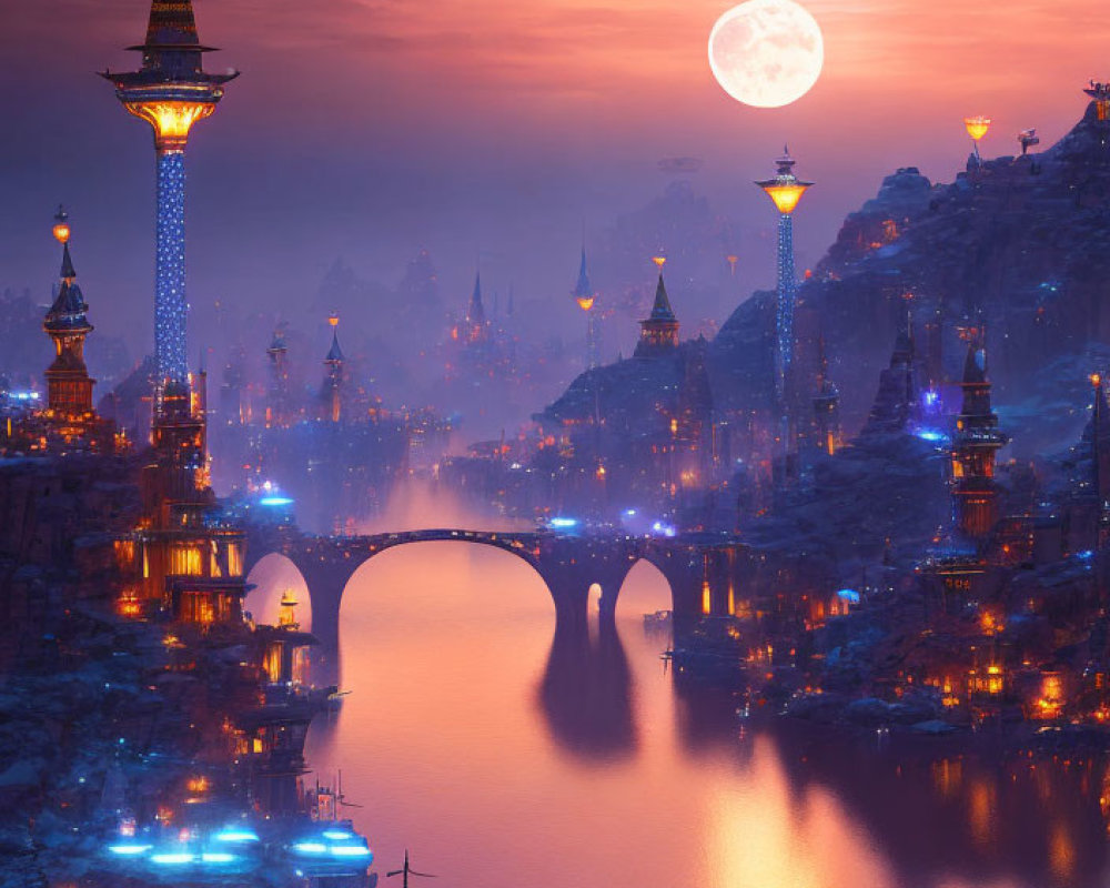 Cityscape with illuminated spires, full moon, and arched bridge at dusk