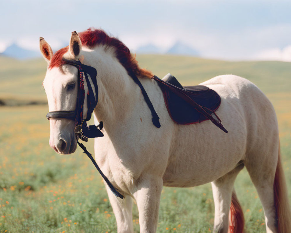 White Horse with Chestnut Mane in Sunny Meadow with Mountains