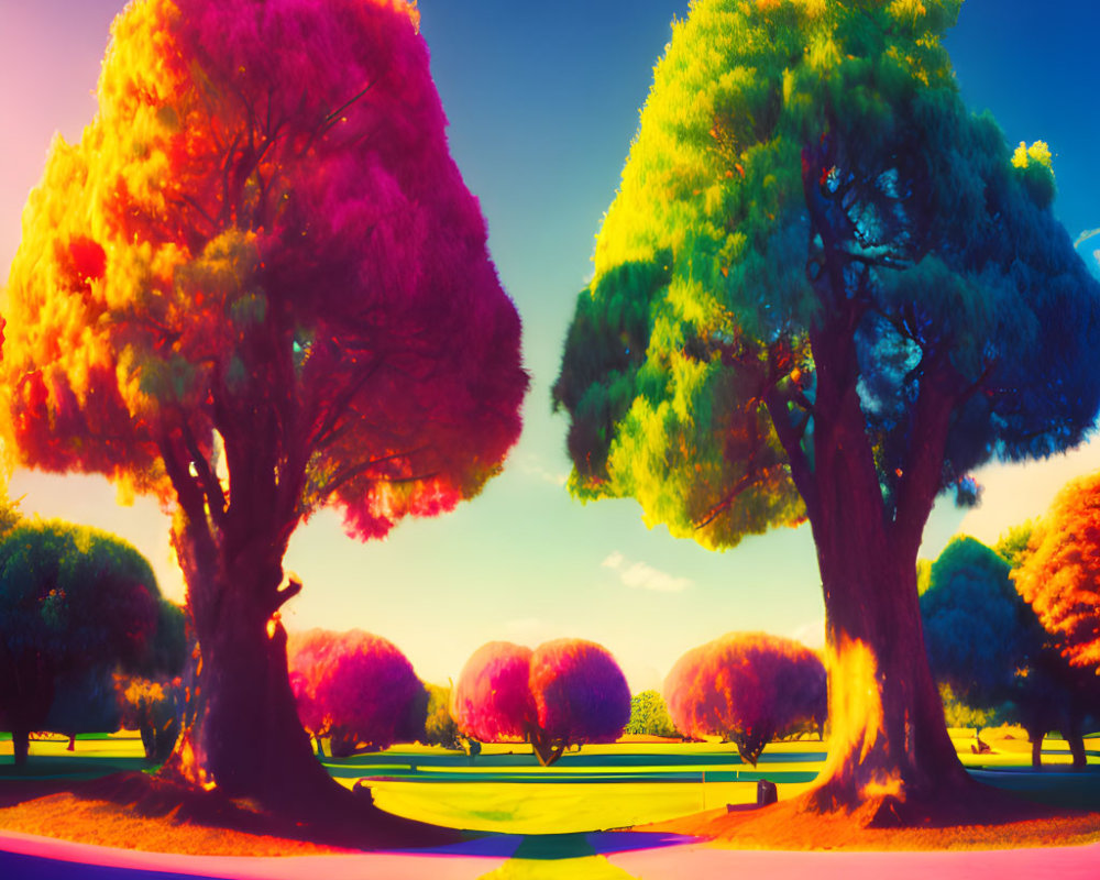 Colorful surreal landscape with psychedelic trees and radiant blue sky